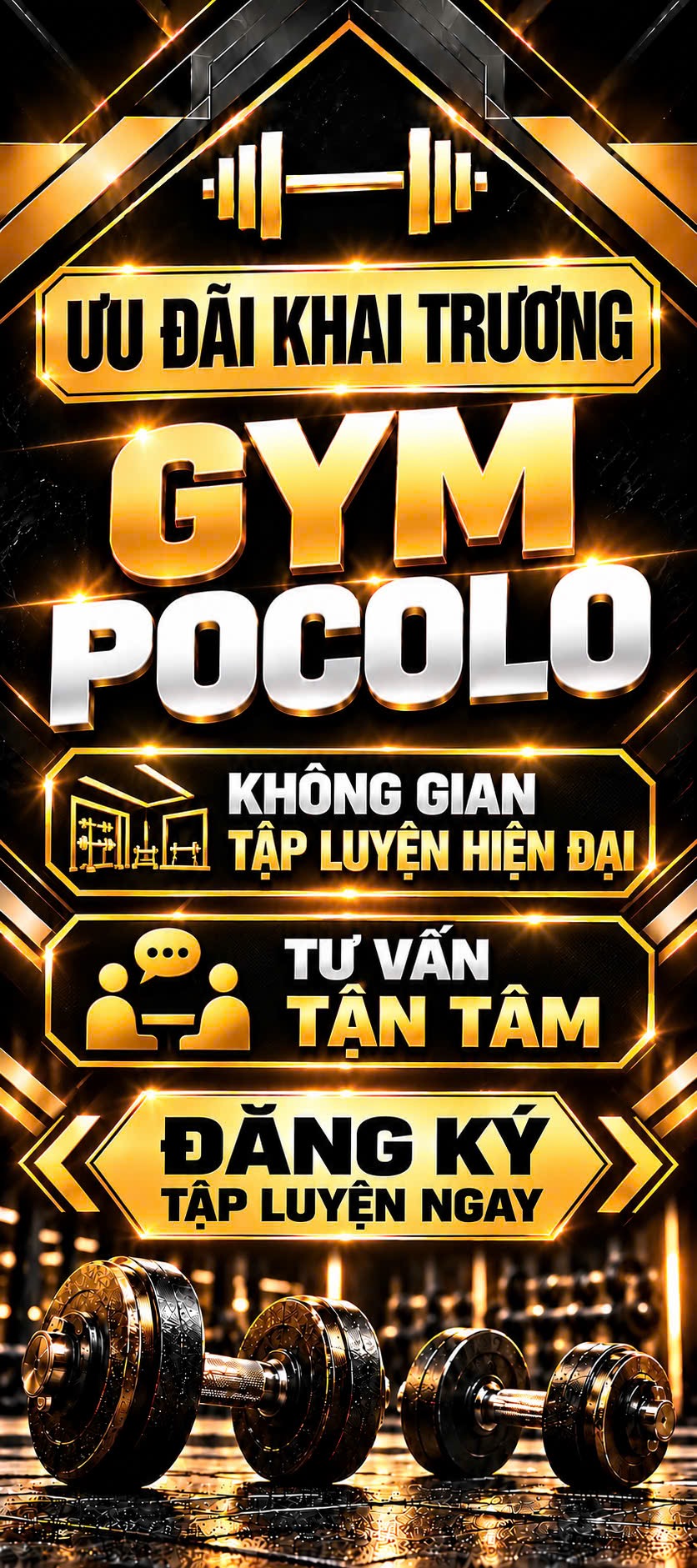 Tạ đơn ánh vàng trên nền phòng gym đen